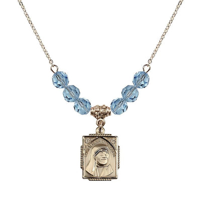 St. Teresa of Calcutta Square 14kt Gold-filled Aqua Crystal Birthstone Necklace, Bliss Manufacturing