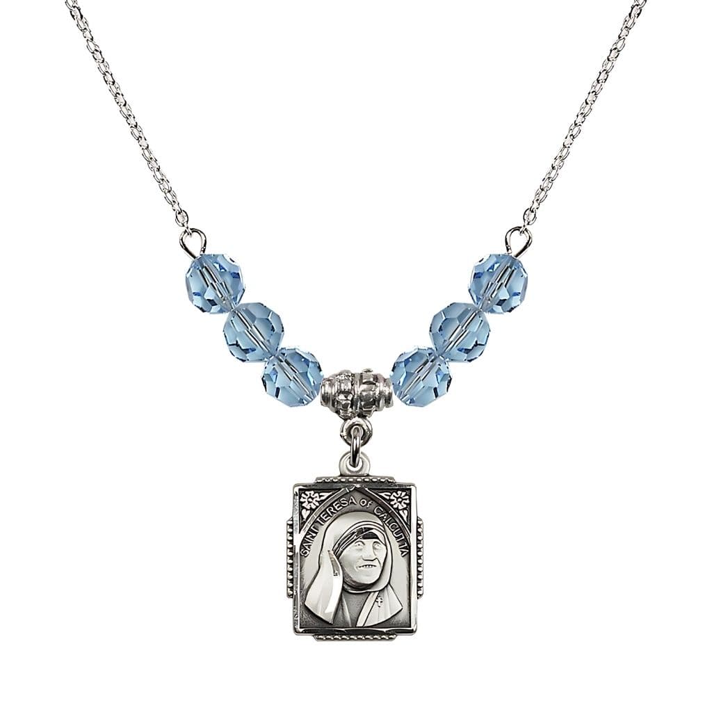 Bliss St. Teresa of Calcutta Square Sterling Silver Aqua Crystal Birthstone Necklace,