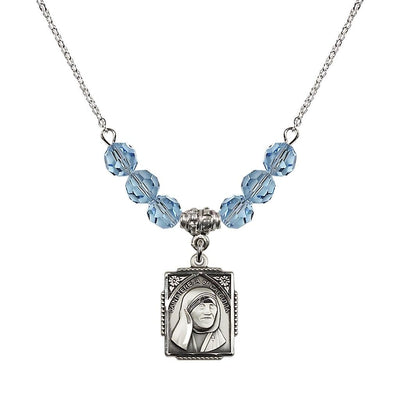 St. Teresa of Calcutta Square Sterling Silver Aqua Crystal Birthstone Necklace, Bliss Manufacturing