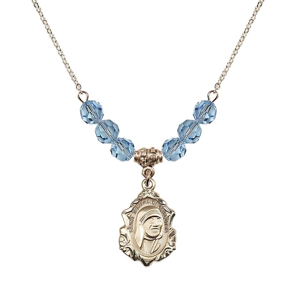 Bliss St. Teresa of Calcutta 14kt Gold-filled Crystal Birthstone Necklace with 6mm Aqua Crystal Beads