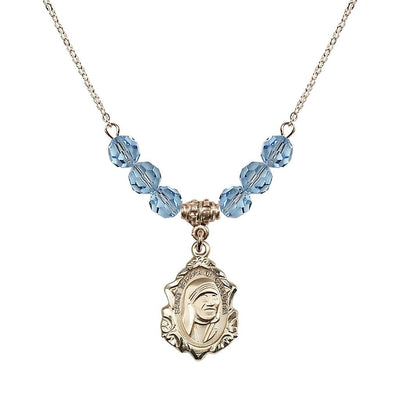 St. Teresa of Calcutta 14kt Gold-filled Crystal Birthstone Necklace with 6mm Aqua Crystal Beads, Bliss Manufacturing