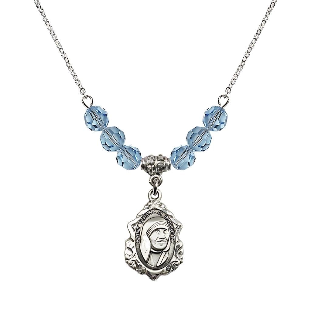 Bliss St. Teresa of Calcutta Sterling Silver Crystal Birthstone Necklace with 6mm Aqua Crystal Beads