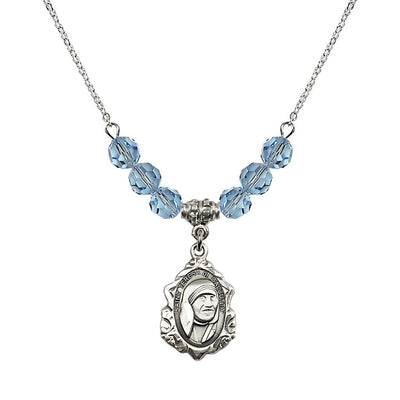 St. Teresa of Calcutta Sterling Silver Crystal Birthstone Necklace with 6mm Aqua Crystal Beads, Bliss Manufacturing