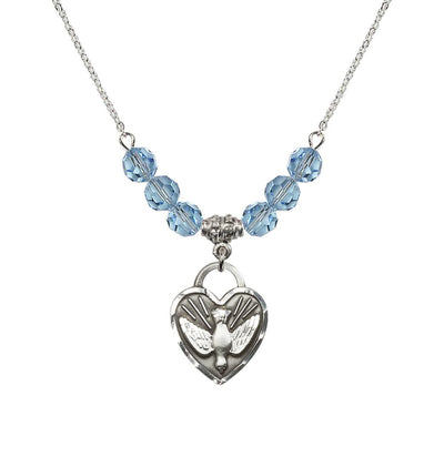 Dove Confirmation Heart Medal with 6mm Aqua Crystal Bead Necklace, 3/4 inch tall by 5/8 inch wide, Bliss Manufacturing