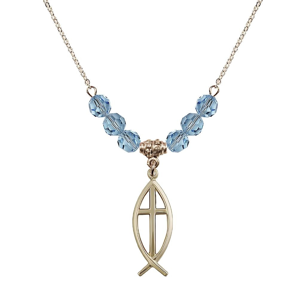 Bliss Fish Cross Crystal Aqua Birthstone Necklace with 18" Chain, Medal 1",