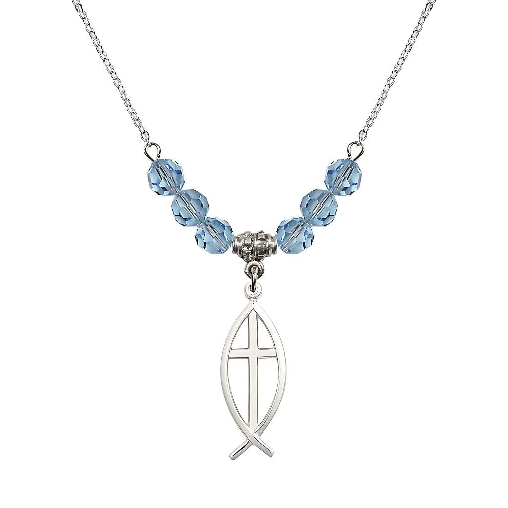 Bliss Fish Cross Crystal Birthstone Necklace with 18-inch Chain in Aqua, Medal 1 inch tall by 3/8 inch wide