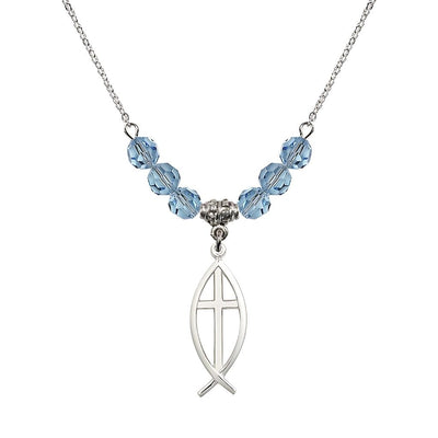 Fish Cross Crystal Birthstone Necklace with 18-inch Chain in Aqua, Medal 1 inch tall by 3/8 inch wide, Bliss Manufacturing