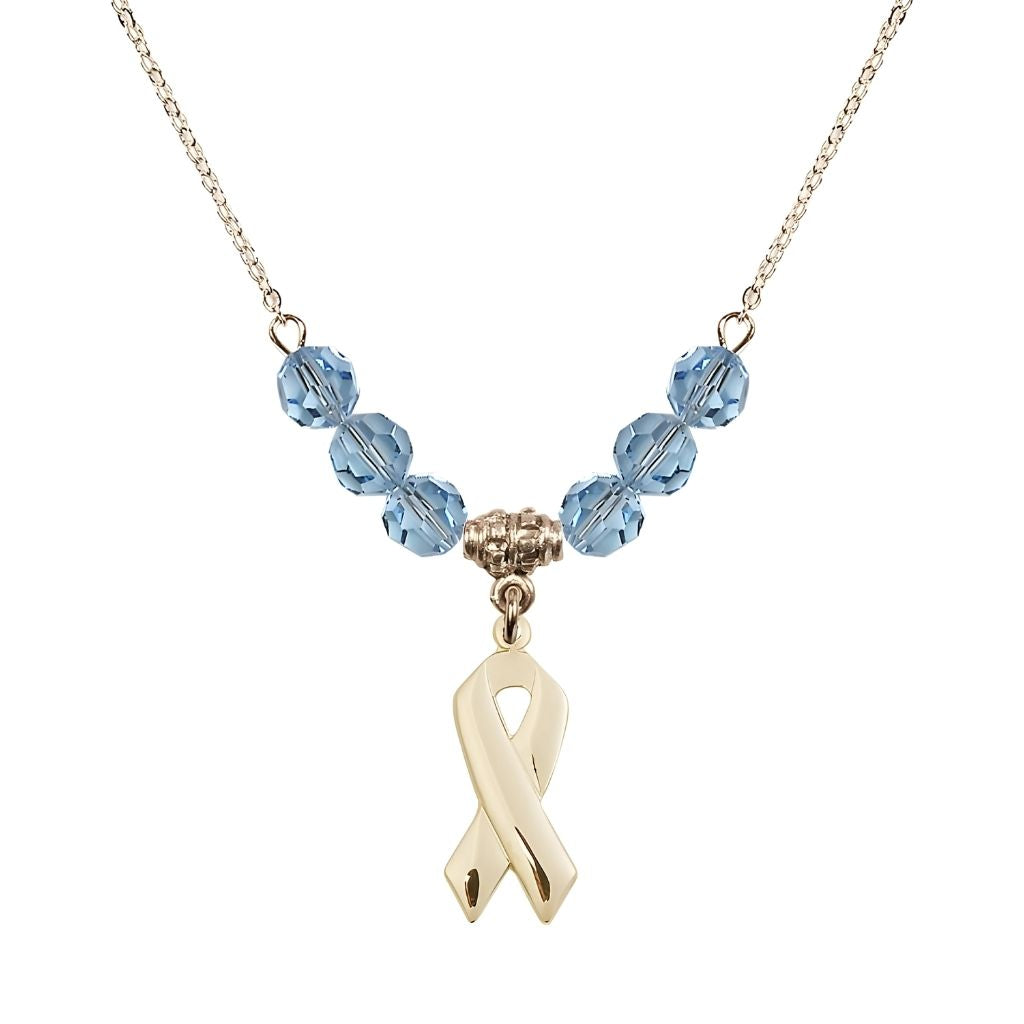 Bliss 14kt Gold-filled Cancer Awareness Ribbon Aqua Birthstone Crystal Beaded Necklace, Charm Measures 7/8 inch tall by 3/8 inch wide