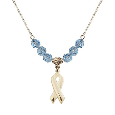 14kt Gold-filled Cancer Awareness Ribbon Aqua Birthstone Crystal Beaded Necklace, Charm Measures 7/8 inch tall by 3/8 inch wide, Bliss Manufacturing