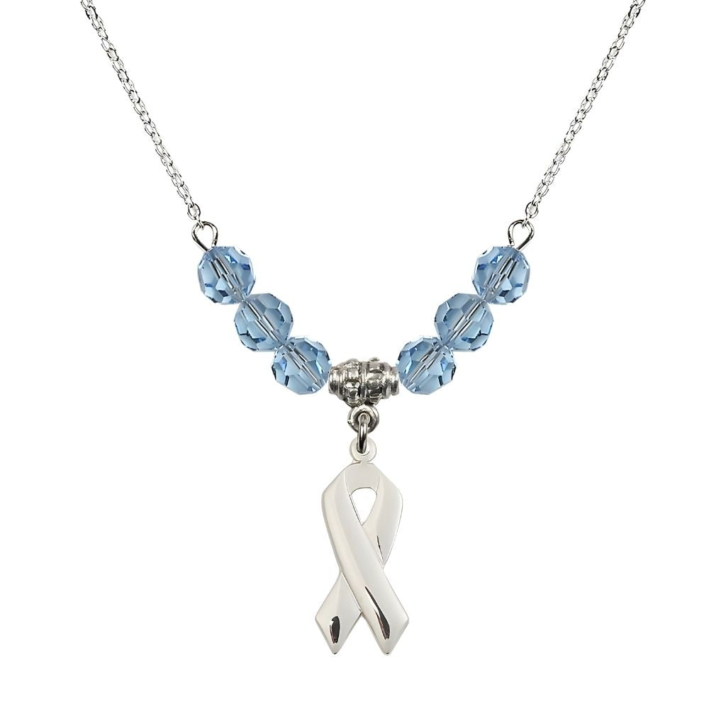 Bliss Sterling Silver Cancer Awareness Ribbon Aqua Birthstone Crystal Beaded Necklace, Charm Measures 7/8 inch tall by 3/8 inch wide