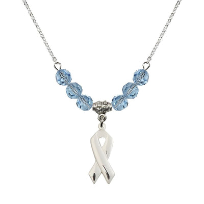 Sterling Silver Cancer Awareness Ribbon Aqua Birthstone Crystal Beaded Necklace, Charm Measures 7/8 inch tall by 3/8 inch wide, Bliss Manufacturing