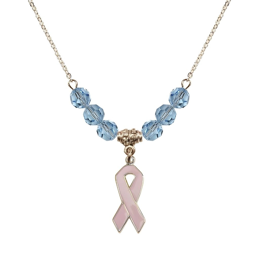 Bliss Gold-filled Breast Cancer Awareness Pink Ribbon Aqua Crystal Beaded Necklace, Measures 7/8-inch tall by 1/4-inch wide