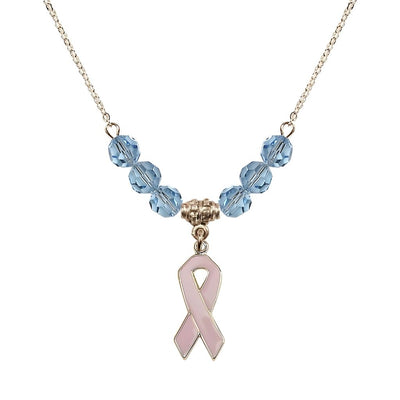 Gold-filled Breast Cancer Awareness Pink Ribbon Aqua Crystal Beaded Necklace, Measures 7/8-inch tall by 1/4-inch wide, Bliss Manufacturing