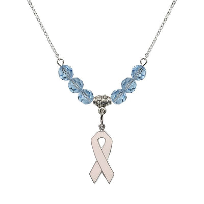 Sterling Silver Breast Cancer Awareness Pink Ribbon Aqua Crystal Beaded Necklace, Measures 7/8-inch tall by 1/4-inch wide, Bliss Manufacturing