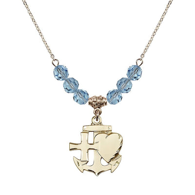 Christian Faith, Hope and Charity Gold-filled 6mm Aqua Crystal Birthstone Necklace, Bliss Manufacturing