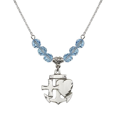 Christian Faith, Hope and Charity Sterling Silver 6mm Aqua Crystal Birthstone Necklace, Medal Measures 7/8-inch tall by 3/4-inch wide, Bliss Manufacturing
