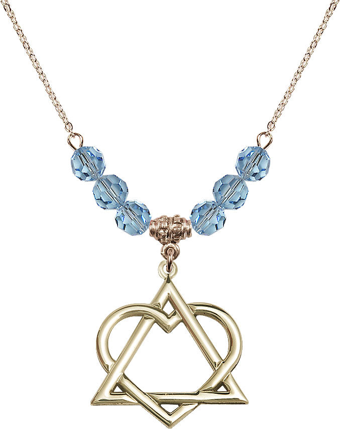 Hamilton Gold Plated Necklace with 6mm Aqua Crystal Beads featuring a 14kt Gold Filled Adoption Heart,