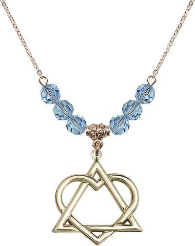 Hamilton Gold Plated Necklace with 6mm Aqua Crystal Beads featuring a 14kt Gold Filled Adoption Heart, Bliss Manufacturing