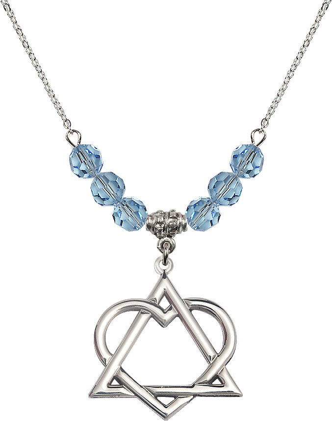 18" Rhodium Plated Necklace with 6mm Aqua Crystal Beads featuring a Sterling Silver Adoption Heart Medal,