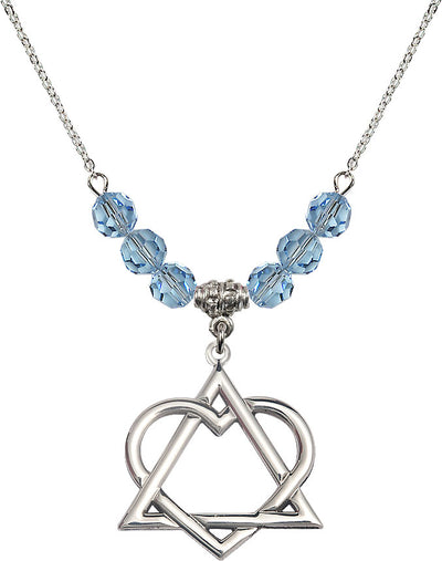 18" Rhodium Plated Necklace with 6mm Aqua Crystal Beads featuring a Sterling Silver Adoption Heart Medal, Bliss Manufacturing