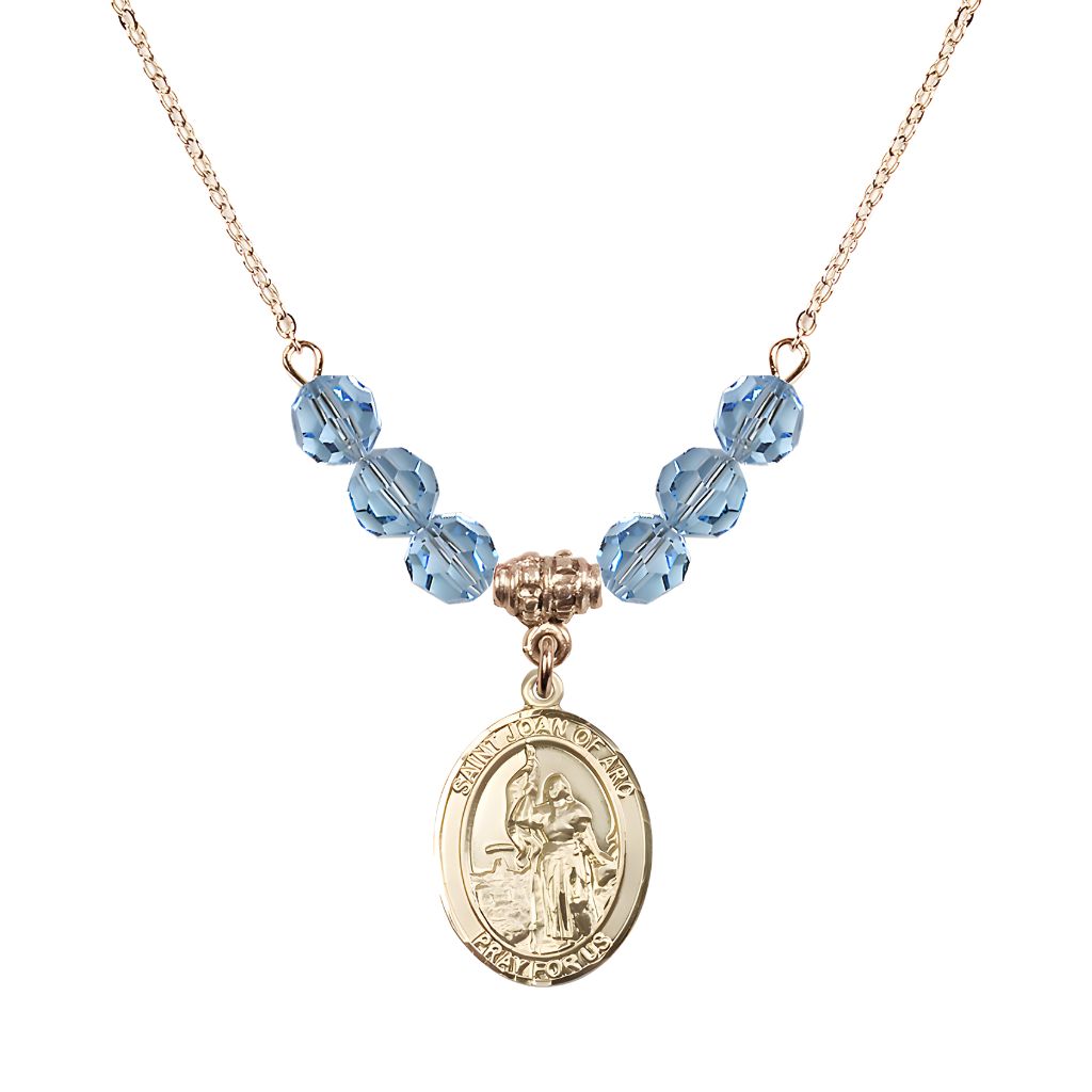 Bliss St. Joan of Arc Oval 14kt Gold-filled 6mm Aqua Austrian Crystal Beaded Necklace, Measures 3/4 inch tall by 1/2-inch wide, Gift Box.