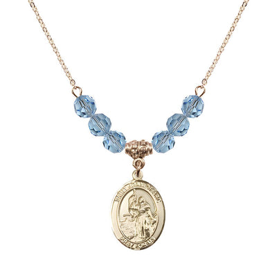 St. Joan of Arc Oval 14kt Gold-filled 6mm Aqua Austrian Crystal Beaded Necklace, Measures 3/4 inch tall by 1/2-inch wide, Gift Box, Bliss Manufacturing