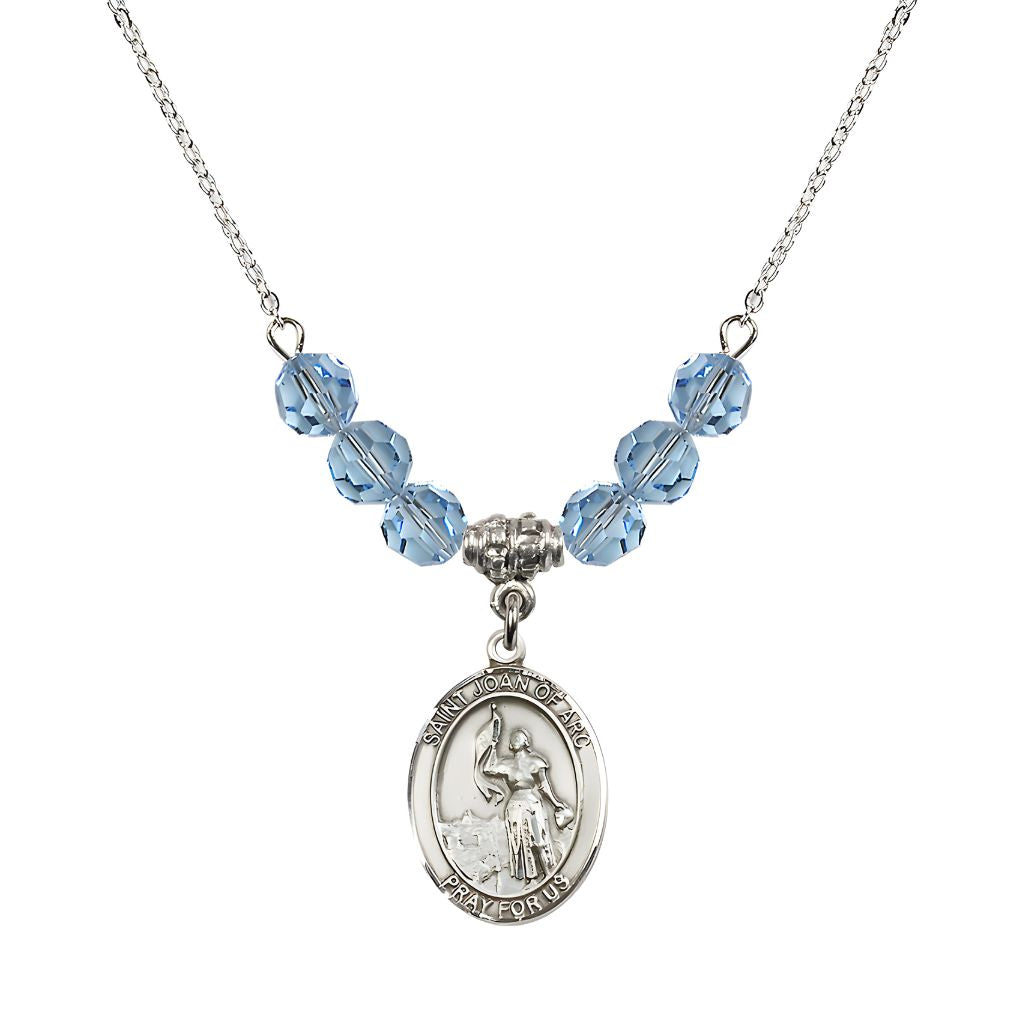 Bliss St. Joan of Arc Oval Sterling Silver 6mm Aqua Austrian Crystal Beaded Necklace, Measures 3/4 inch tall by 1/2-inch wide, Gift Box.