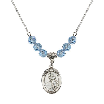 St. Joan of Arc Oval Sterling Silver 6mm Aqua Austrian Crystal Beaded Necklace, Measures 3/4 inch tall by 1/2-inch wide, Gift Box, Bliss Manufacturing