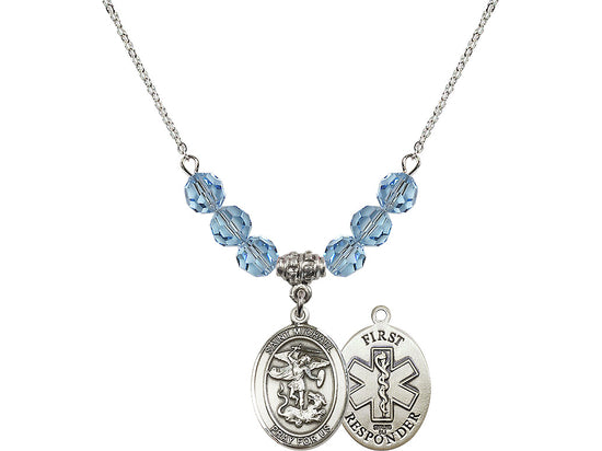 Bliss 1st Responder St Michael Sterling Silver Beaded Necklace in Aqua,