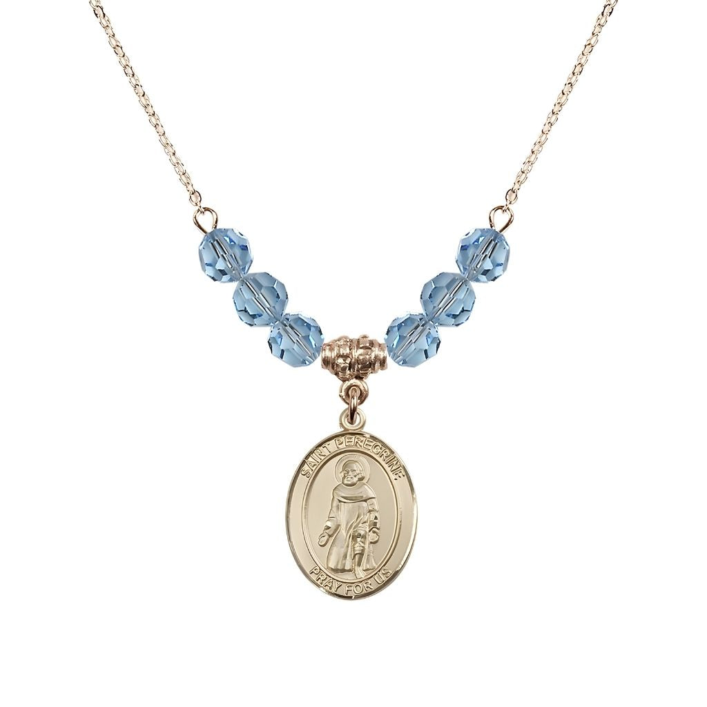 Bliss Our Lady of Fatima 14kt Gold-filled 6mm Aqua Beaded Necklace, Measures 3/4 inch tall by 1/2-inch wide, Gift Box