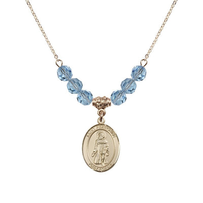 Our Lady of Fatima 14kt Gold-filled 6mm Aqua Beaded Necklace, Measures 3/4 inch tall by 1/2-inch wide, Gift Box, Bliss Manufacturing