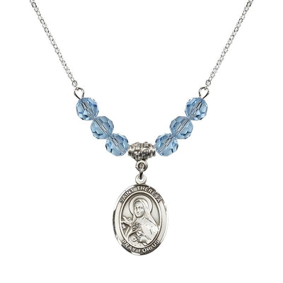St. Theresa Sterling Silver Crystal Necklace, handcrafted in the USA, Birthstone 6mm Austrian Crystals in Aqua, Bliss Manufacturing