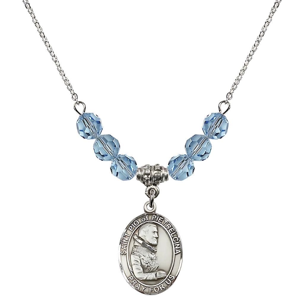 Bliss Sterling Silver St. Padre Pio of Pietrelcina Aqua Crystal Birthstone Necklace