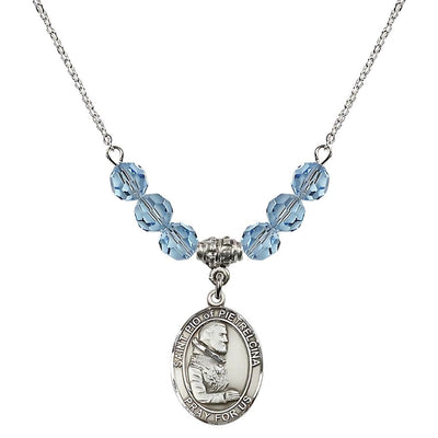 Sterling Silver St. Padre Pio of Pietrelcina Aqua Crystal Birthstone Necklace, Bliss Manufacturing