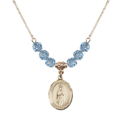 Our Lady of Fatima Gold-filled 6mm Aqua Beaded Necklace, Measures 3/4 inch tall by 1/2-inch wide, Gift Box, Bliss Manufacturing