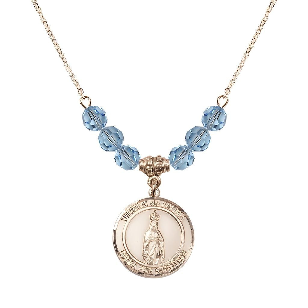Bliss Virgen de Fatima Round 14kt Gold-filled 6mm Aqua Beaded Necklace, Measures 3/4 inch tall by 1/2-inch wide, Gift Box