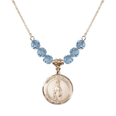 Virgen de Fatima Round 14kt Gold-filled 6mm Aqua Beaded Necklace, Measures 3/4 inch tall by 1/2-inch wide, Gift Box, Bliss Manufacturing
