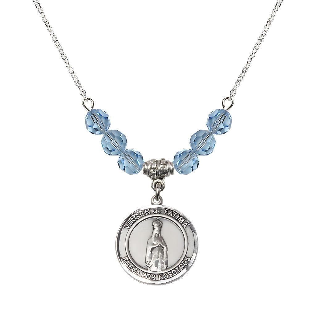 Bliss Virgen de Fatima Round Sterling Silver 6mm Aqua Beaded Necklace, Measures 3/4 inch tall by 1/2-inch wide, Gift Box