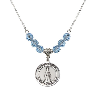 Virgen de Fatima Round Sterling Silver 6mm Aqua Beaded Necklace, Measures 3/4 inch tall by 1/2-inch wide, Gift Box, Bliss Manufacturing