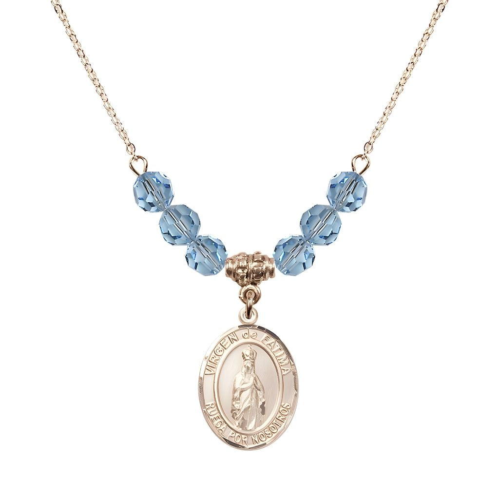 Bliss Virgen de Fatima 14kt Gold-filled 6mm Aqua Beaded Necklace, Measures 3/4 inch tall by 1/2-inch wide, Gift Box