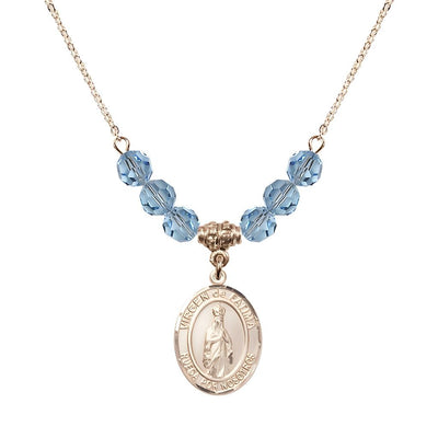 Virgen de Fatima 14kt Gold-filled 6mm Aqua Beaded Necklace, Measures 3/4 inch tall by 1/2-inch wide, Gift Box, Bliss Manufacturing