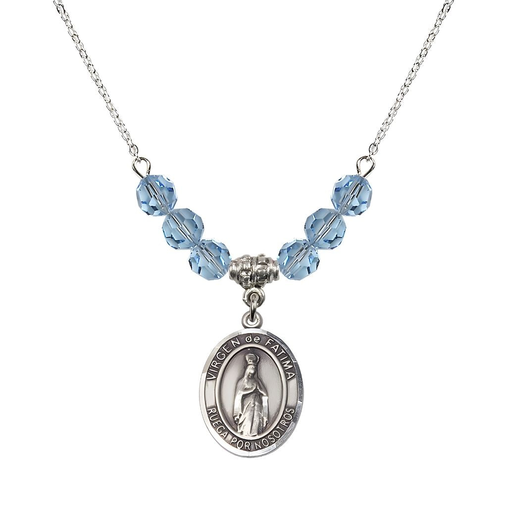 Bliss Virgen de Fatima Oval Sterling Silver 6mm Aqua Beaded Necklace, Measures 3/4 inch tall by 1/2-inch wide, Gift Box