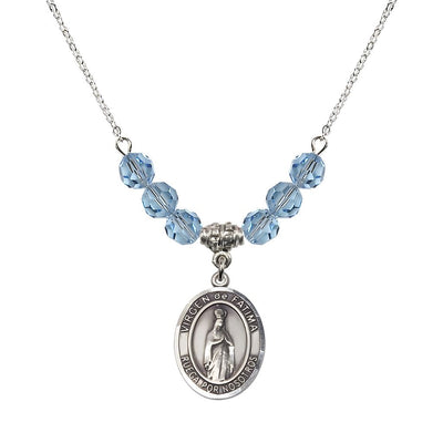 Virgen de Fatima Oval Sterling Silver 6mm Aqua Beaded Necklace, Measures 3/4 inch tall by 1/2-inch wide, Gift Box, Bliss Manufacturing