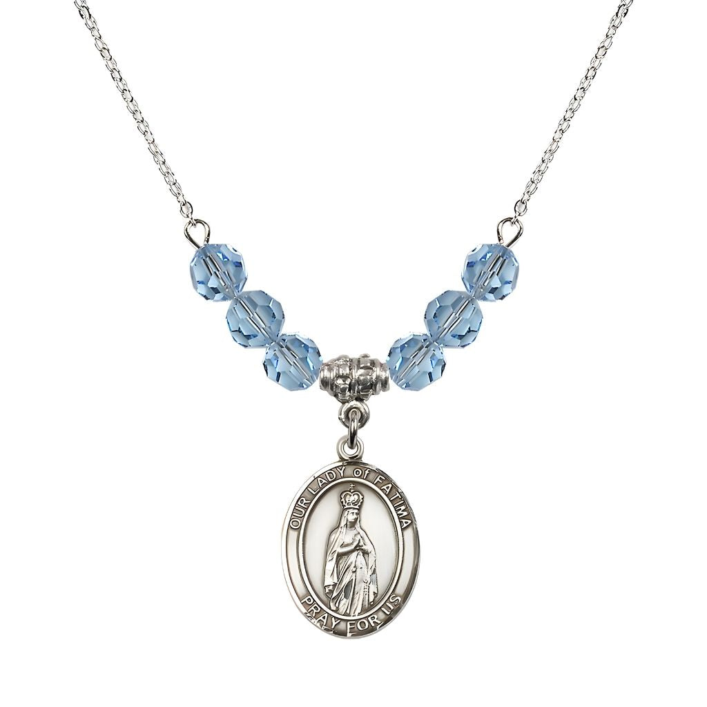 Bliss Our Lady of Fatima Sterling Silver 6mm Aqua Beaded Necklace, Measures 3/4 inch tall by 1/2-inch wide, Gift Box