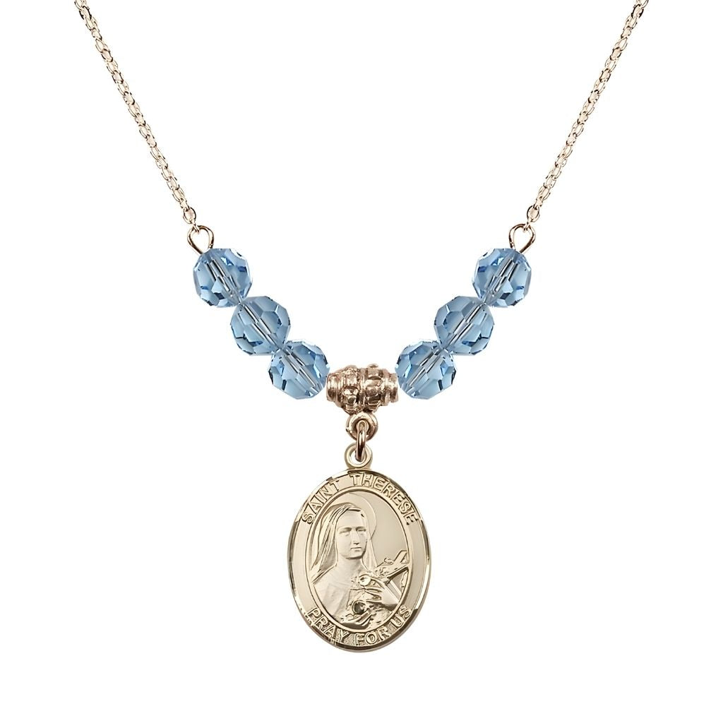 Bliss St. Therese of Lisieux Gold-filled Birthstone Necklace with 6mm Austrian crystal in aqua beads