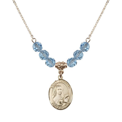 St. Therese of Lisieux Gold-filled Birthstone Necklace with 6mm Austrian crystal in aqua beads, Bliss Manufacturing