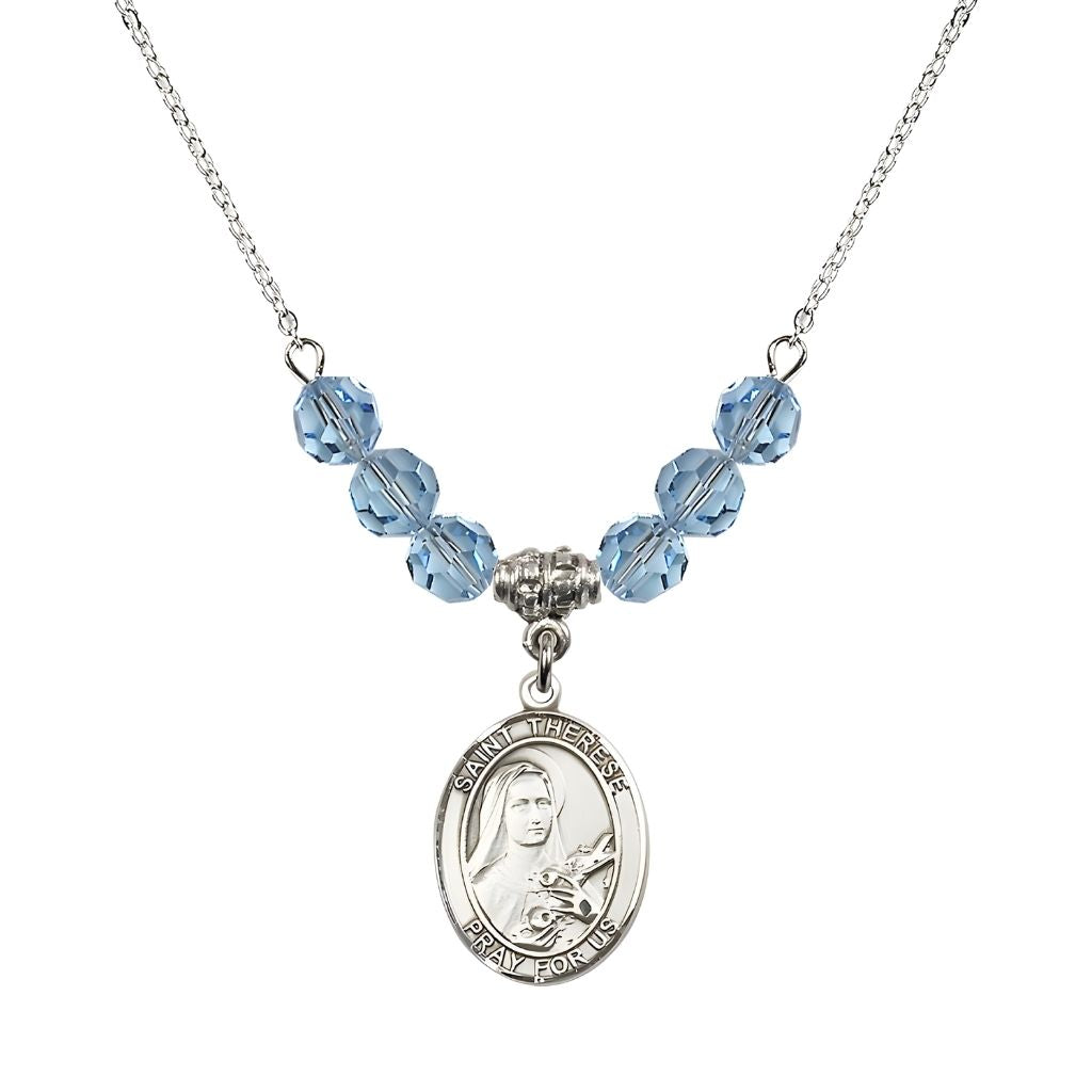 Bliss St. Therese of Lisieux Sterling Silver Medal and Birthstone 6mm Aqua Crystal Necklace