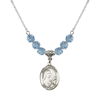 St. Therese of Lisieux Sterling Silver Medal and Birthstone 6mm Aqua Crystal Necklace, Bliss Manufacturing