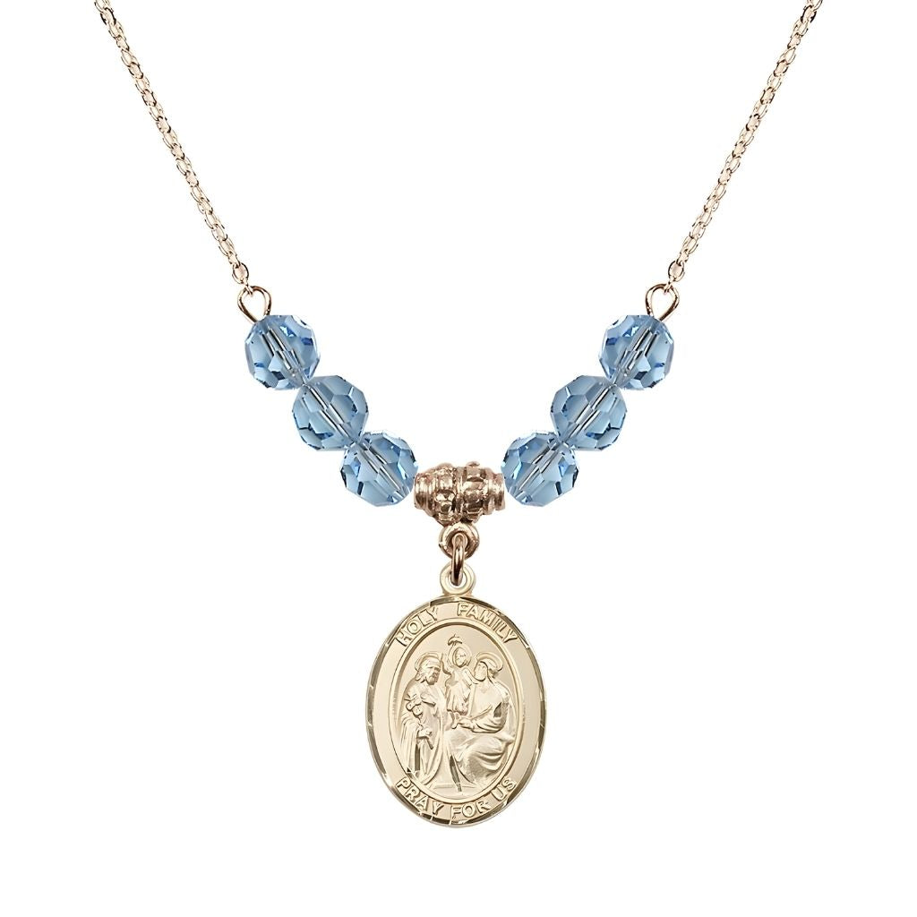 Bliss Holy Family Beaded Necklace with Gold-filled Medal, 6mm Austrian Crystal Aqua Beads for March
