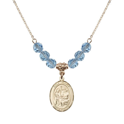 Holy Family Beaded Necklace with Gold-filled Medal, 6mm Austrian Crystal Aqua Beads for March, Bliss Manufacturing